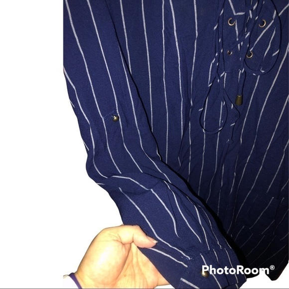Everly Brand Navy Blue Collared Pinstriped Dress - Picture 6 of 9